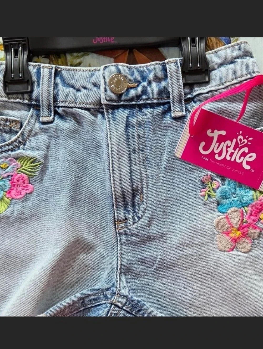 Justice Light Blue Denim Shorts with Pink & Multicolor Floral Embroidery